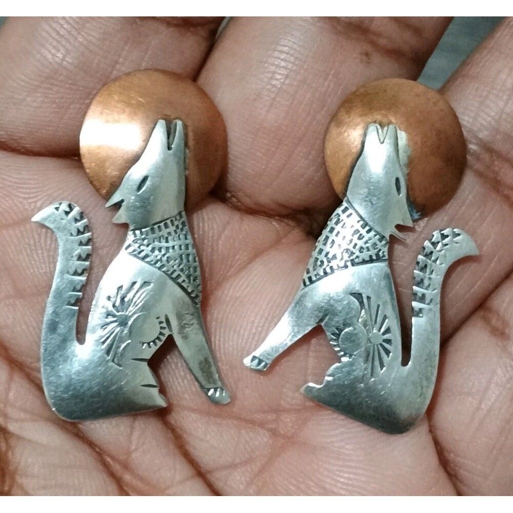 Southwestern Coyote Moon Sterling Copper Signed N. Vintage Earrings